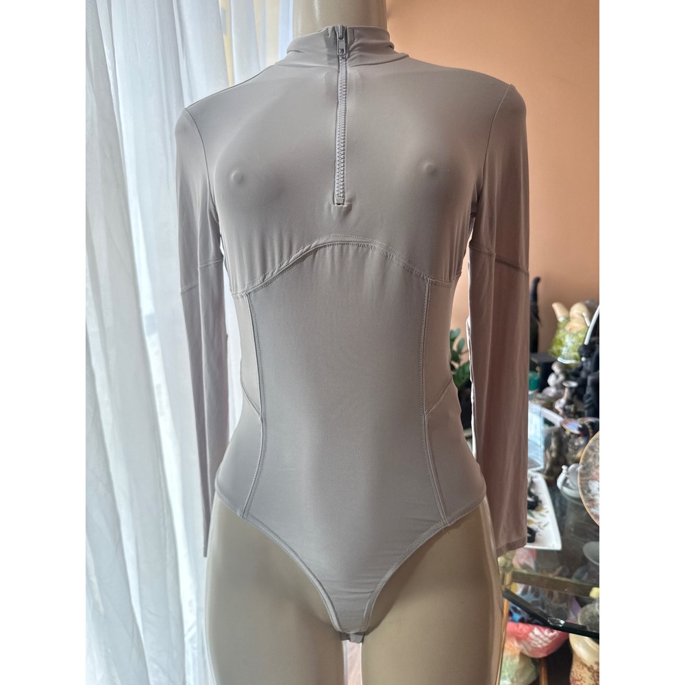 Missguided Sand Slinky Corset Detail Zip Front Long Sleeve Bodysuit US 4 NEW